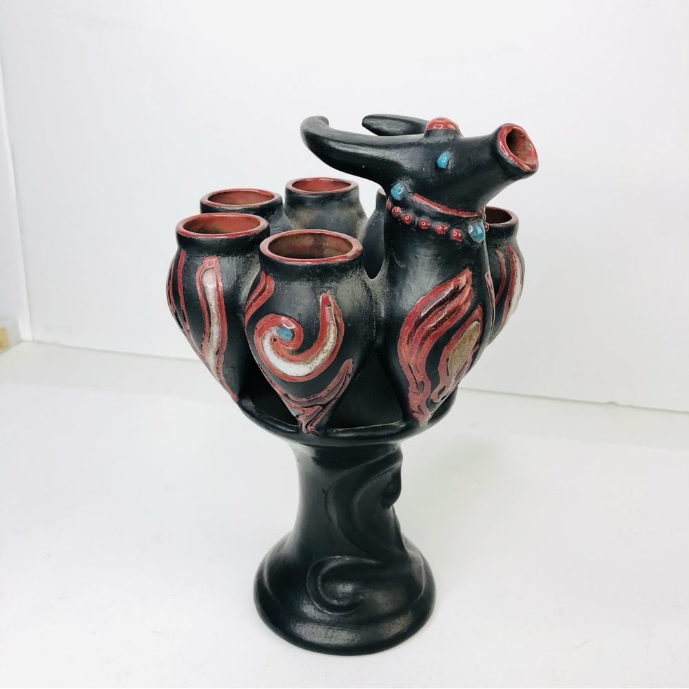 Vtg Ceramic Aurochs OX Figurine Signed 6 Hole Footed Vase Candle Holder Tribal